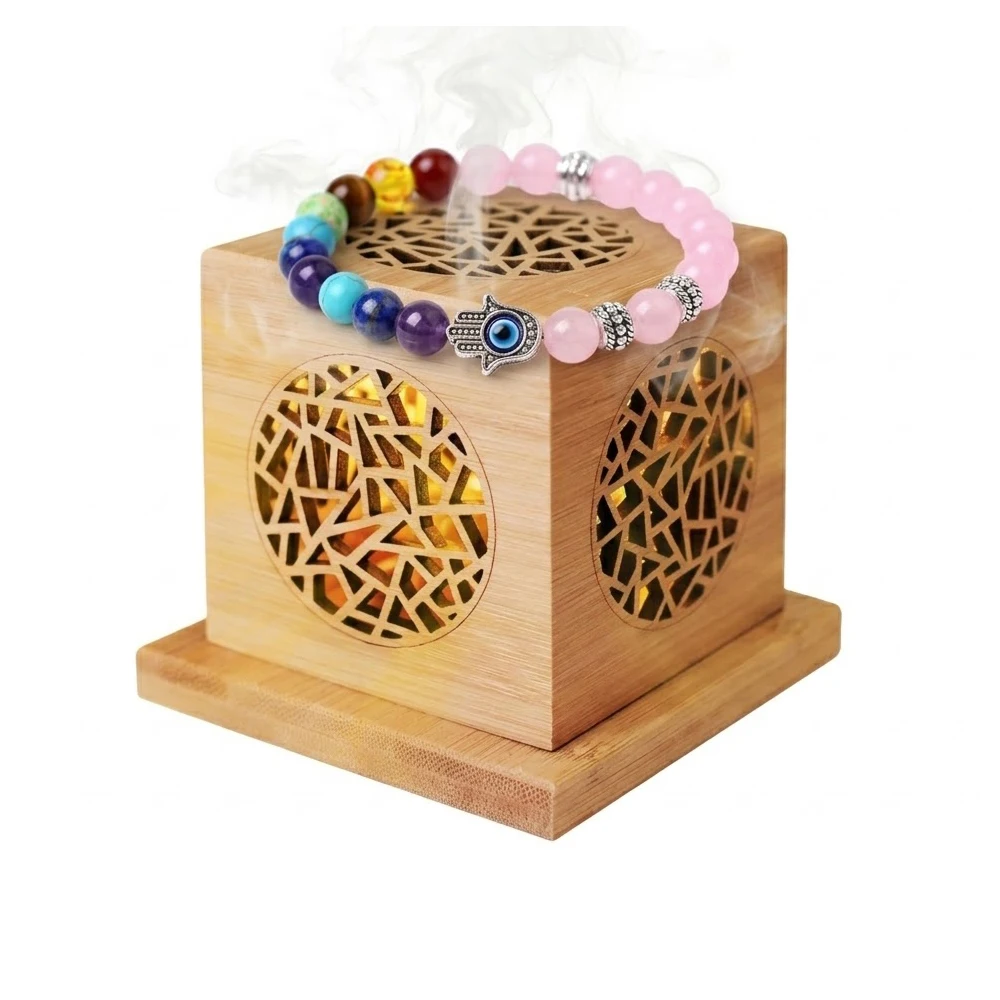 Wooden Incense Burner Box Sage Smudge Holder Sacred Geometry Mandala Hexagram Hamsa Crystal Cleansing Box Meditation Home Decor