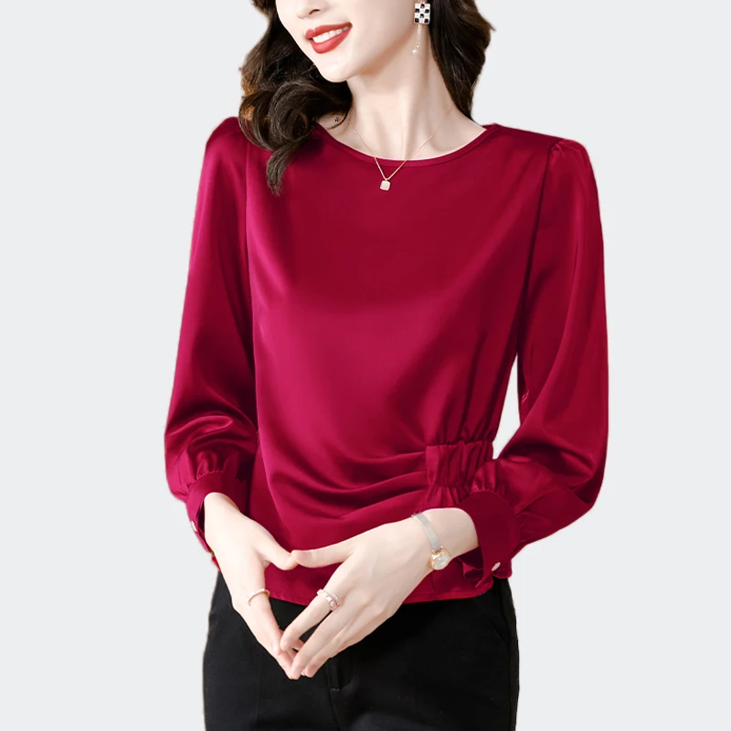 

Women Casual Solid Silky Satin Blouses Women Elegant Long Sleeve Chic Folds Waist Shirt Office Lady Work Tops Tunic Chemise