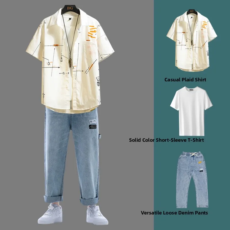 

Men's ort Sve irt Faionable Youthful Printed Loose Fit Summer Outfit Set Cool Brand Clothing for Young Men