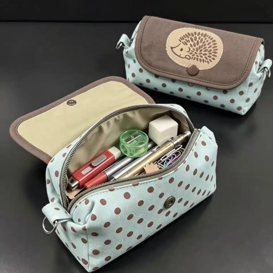 Cute Hedgehog Polka Dot Canvas Pencil Bag Large Capacity Stationery Pouch Multi-use Storage Case for Cosmetics Makeup Organizer