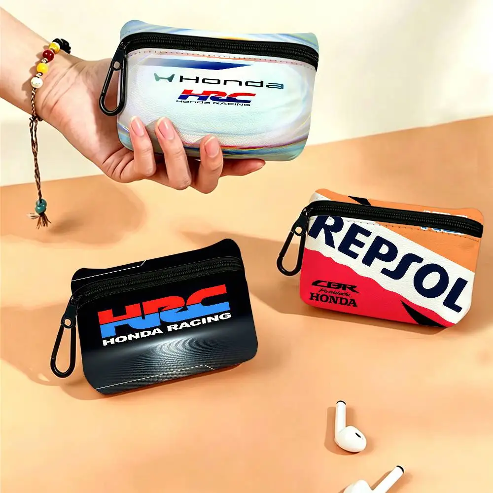 3D HRC HONDA Motorcycle Logo Mini Oxford Cloth Coin Purse With Carabiner Hook Portable Key Card Wallet Small Zipper Storage