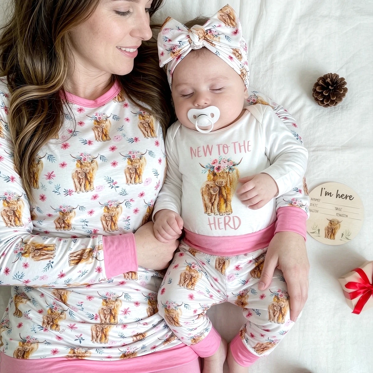 Highland Cow Newborn Photoshoot Outfit Set Long Sleeve Onesie Pants Headband Neutral Western Farm Baby Clothes for Milestone-HD