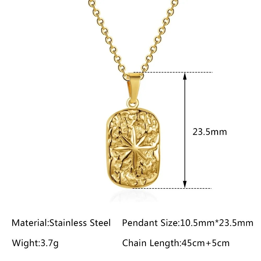 Hammered Finish Stainless Steel Pendant Non Fading Silver Color Eight Point Star Pendant With Chain Eight Point Star Design