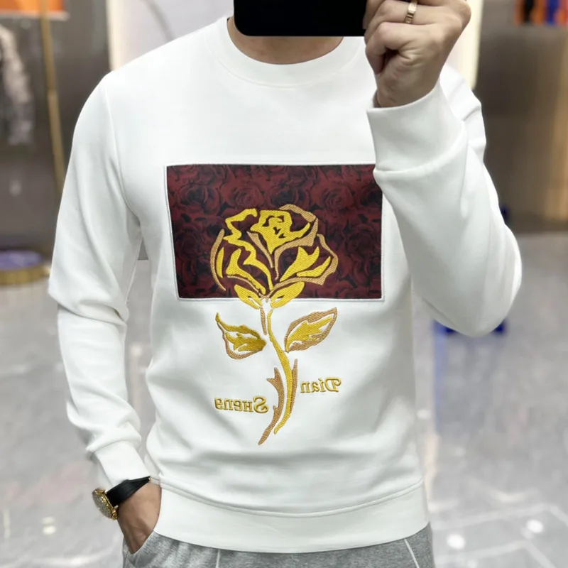 Europe Station 2023 Autumn Men's Personalized Embroidery Printing Round Neck Sweater Fashion Slim Fit Versatile Long Sleeve