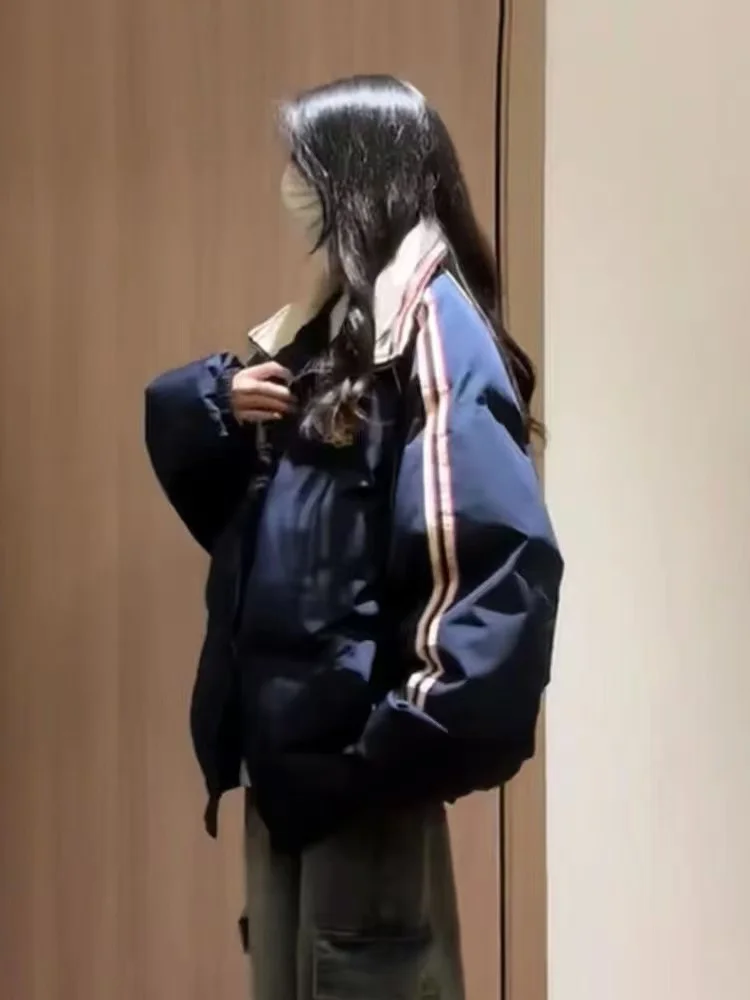 

Korean Sle Letter Embroidery Striped Cotton Jaet Women's Winter New Vintage Loose Student Breaoat Thiened Long Sve