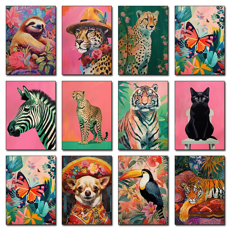 Animal Toucan Jungle Cheetah Pink Leopard Tiger Zebra Dopamine Poster Print Wall Art Pictures Canvas Painting Room Home Decor