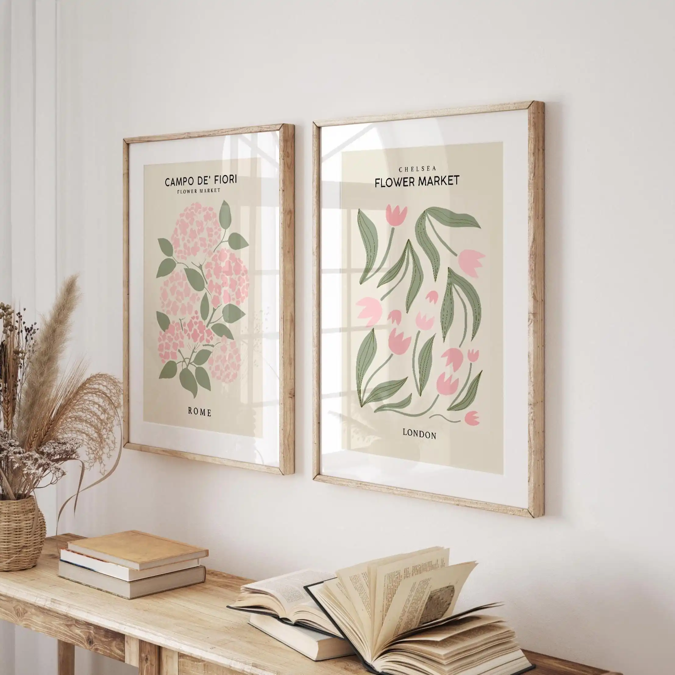 Sage Pink & Cream Mid-Century Modern Prints Set of 2 Flower Market Artwork for Neutral Living Room Pink Green Bedroom Decor Gift