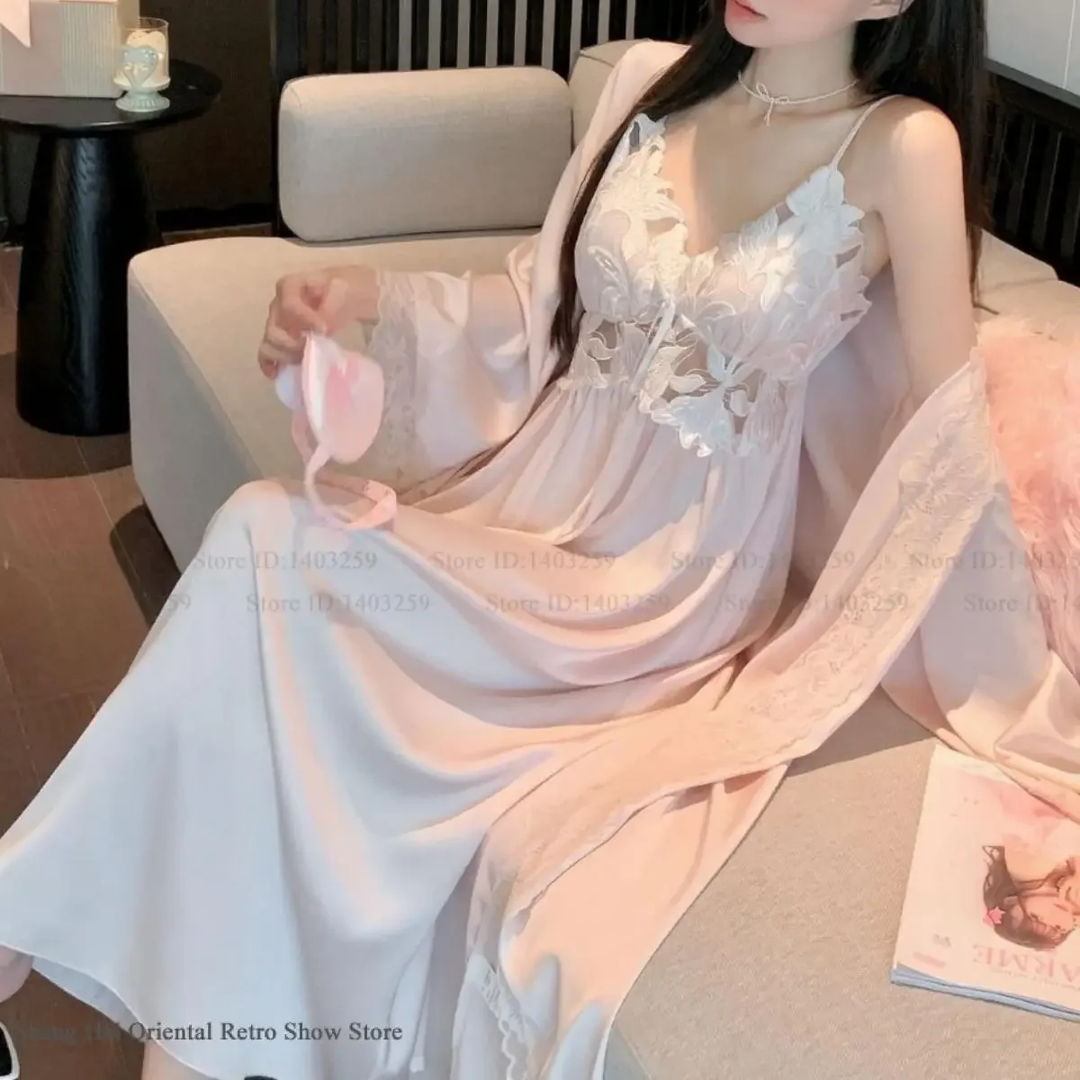 Camicia da notte lunga sexy in pizzo nero Camicia da notte Indumenti da notte femminili 2 pezzi Set Elegante biancheria da notte in raso di seta Camicia da notte Allentata Homewear Lingerie