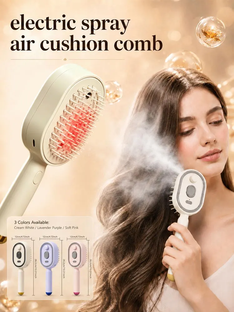 電動スプレーエアクッションコームマッサージヘアブラシスチームブラシ（髪のもつれ解消、セルフクリーニング機能付き）3-in-1コーム