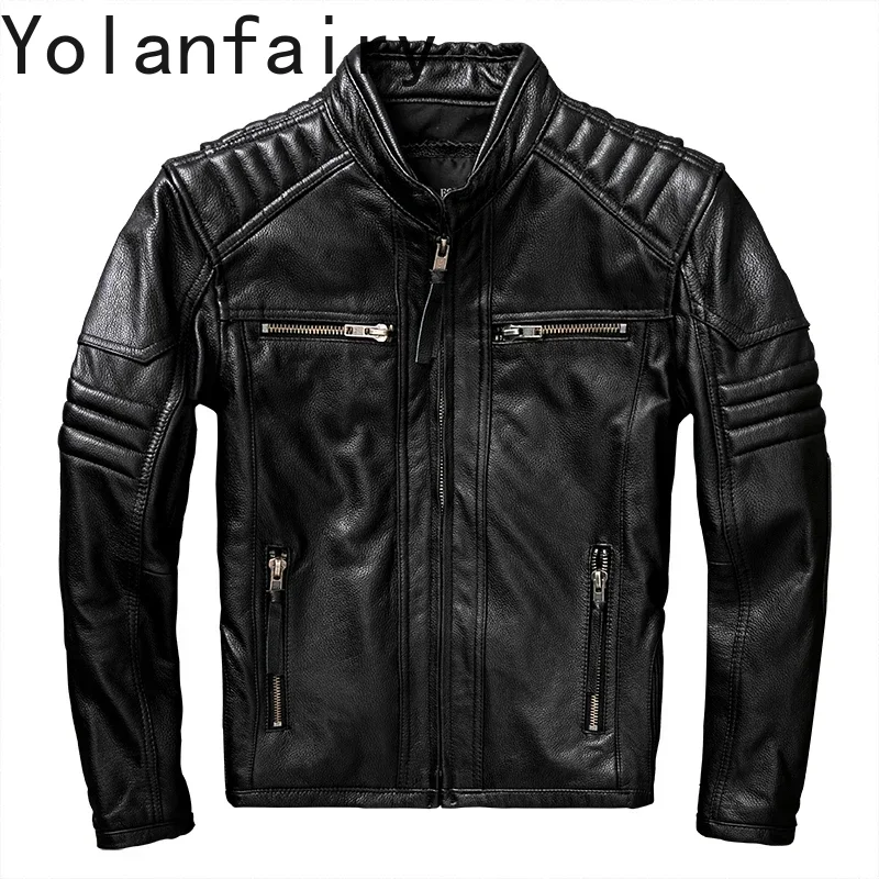 

YOLANFAIRY Motorcycle Pure Top Layer Cowhide Genuine Leather Jacket Men Slim Natural Leather Jackets Male Coats 6XL Chaquetas