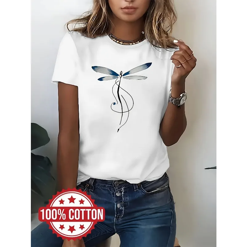 Elegant Women's Art Printed Design Shirt Round Neck Women's Casual Fashion Trend Harajuku Cotton Short Sleeved Women's T-shirt