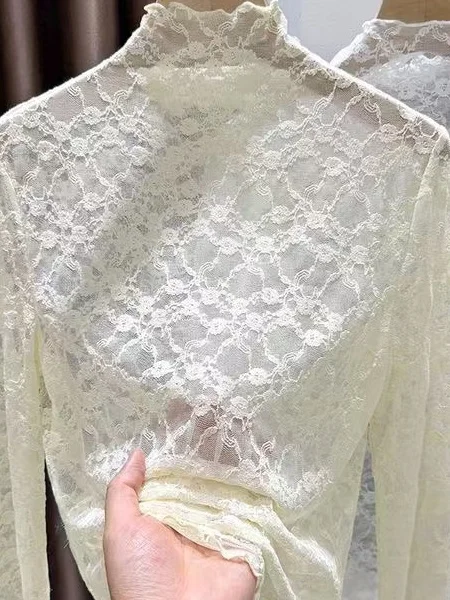 

Lace High Collar Sleeveless Thin Mesh Base Shirt Women's Gentle Style Fitting Long Sleeve Breathable Polyester Fiber Knitted ...
