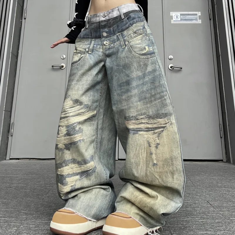 ANJY Spring Autumn New Women 3D Digital Print Streetwear Distressed Wide-Leg Jeans Trend Fashion Loose Casual Denim Pants A21806