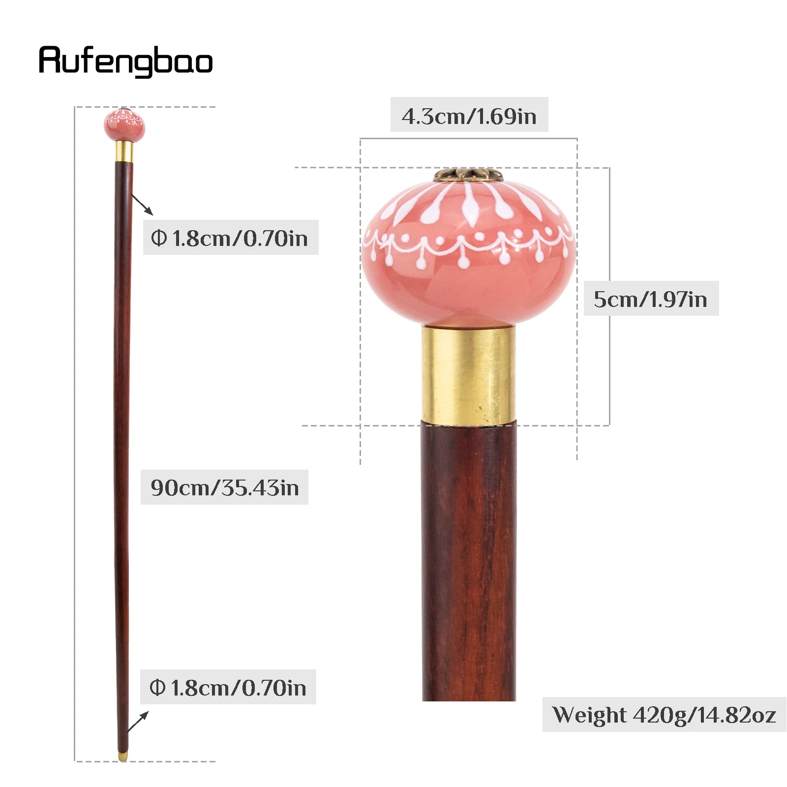 Pink White Ceramic Round Flower Head Wooden Single Joint Stick Decorative Cospaly Party Wood Cane Halloween Wand Crosier 90cm