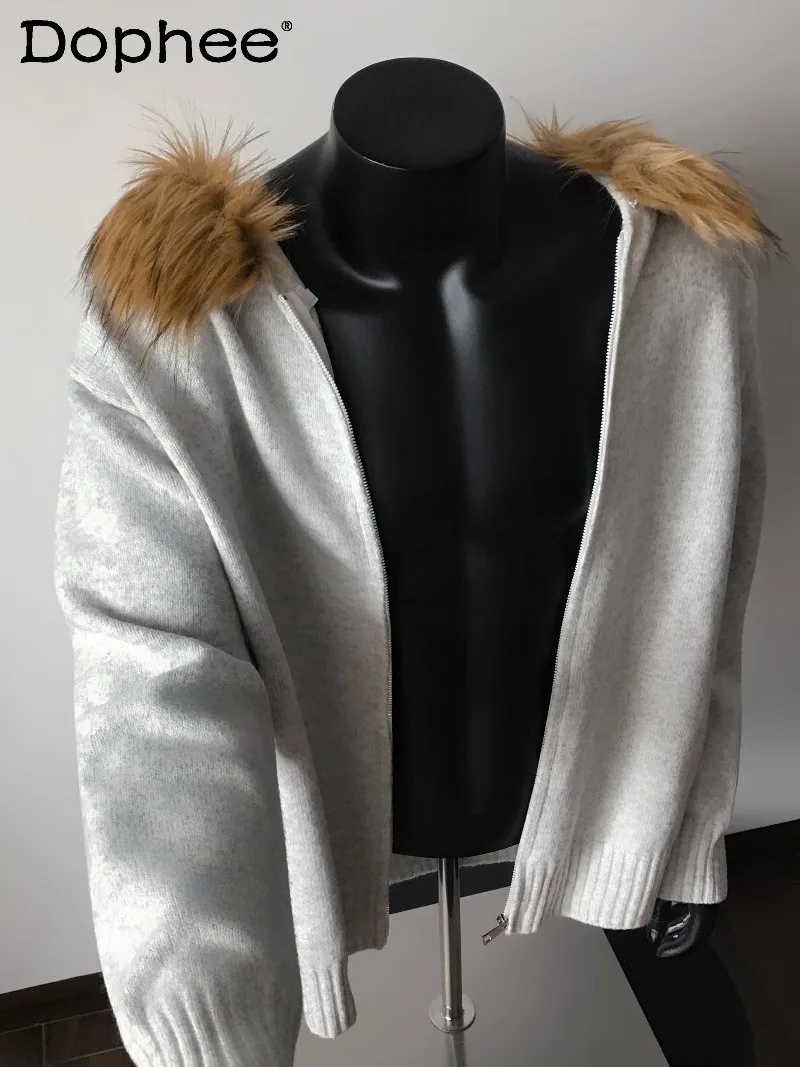 

Autumn Winter American Fashion Trendy Fur Collar Hooded Sweater Cardigan Long Sleeve Loose Casual Warm Jacket for Men