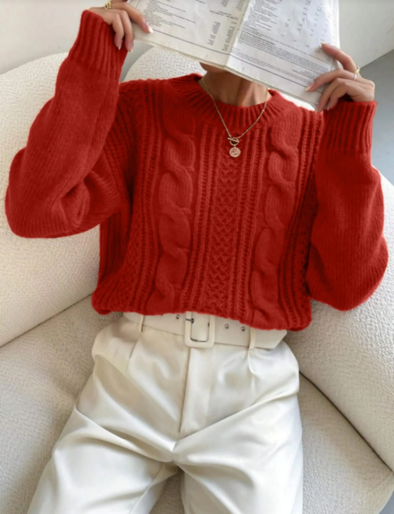 

Plus Size Women's Elegant Solid Crew Neck Long Sleeve Knit Pullover Sweater, Perfect for Fall & Winter