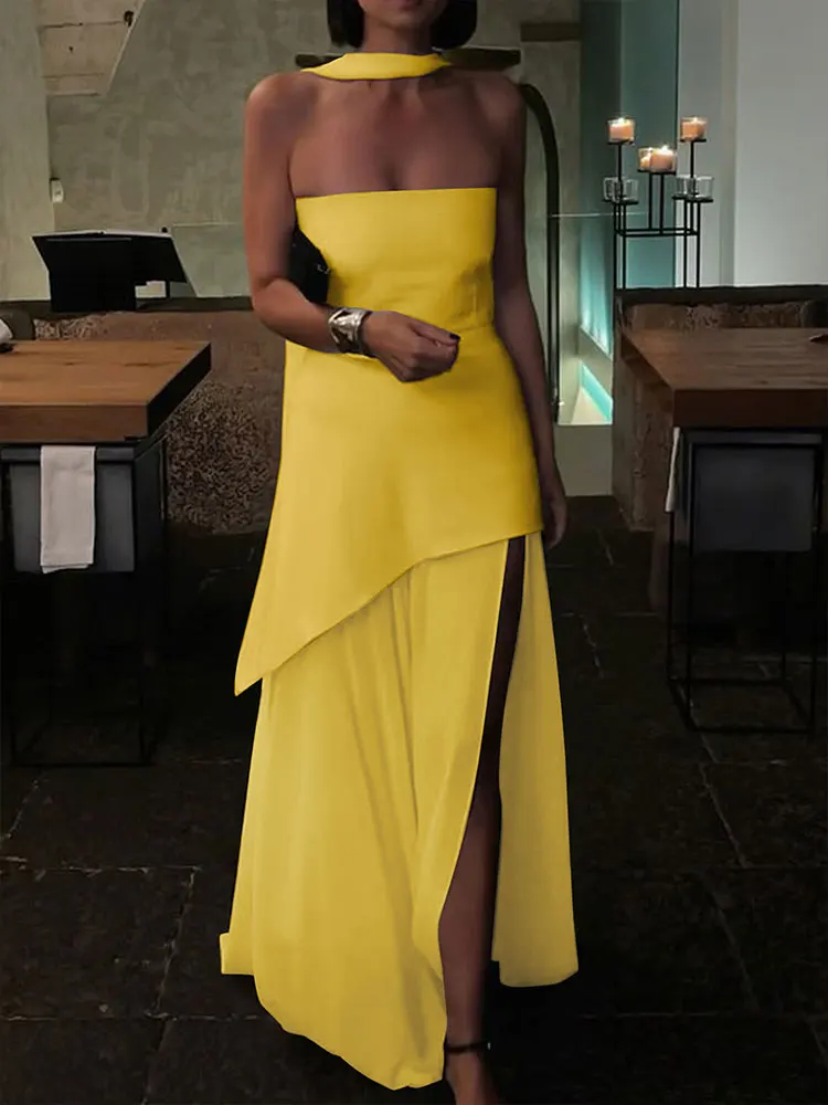 ชุดเดรสยาวสไตล์สตรีทแฟชั่นสำหรับฤดูร้อน  ตกแต่งด้วยริบบิ้นและซิป  ผ่าข้าง  แบบเรียบหรู  เซ็กซี่  ไม่มีแขน  แบบสายเดี่ยว  สำหรับผู้หญิง