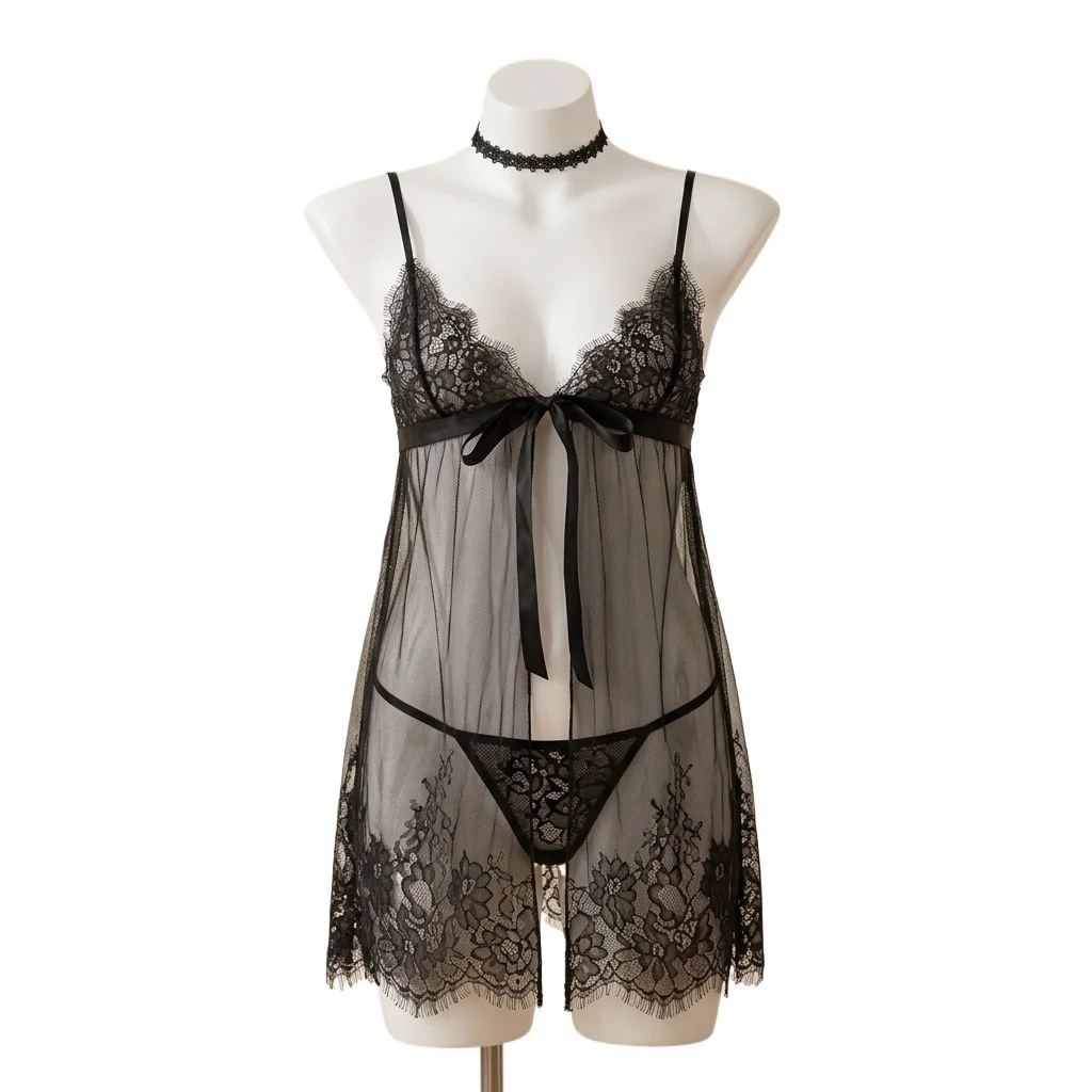 Women's  Floral Lace Trim Babydoll  Set Sheer Mesh Nightgown with Front Tie and Adjustable Straps for Honeymoon and Date Night