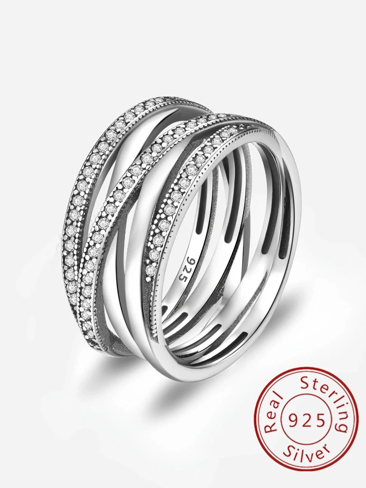 Ring aus 925er-Sterlingsilber, schillernde ineinandergreifende Schleifen, Zirkon-Ring für Damen, Jahrestag, Mode, personalisierbar, hochwertiger edler Schmuck