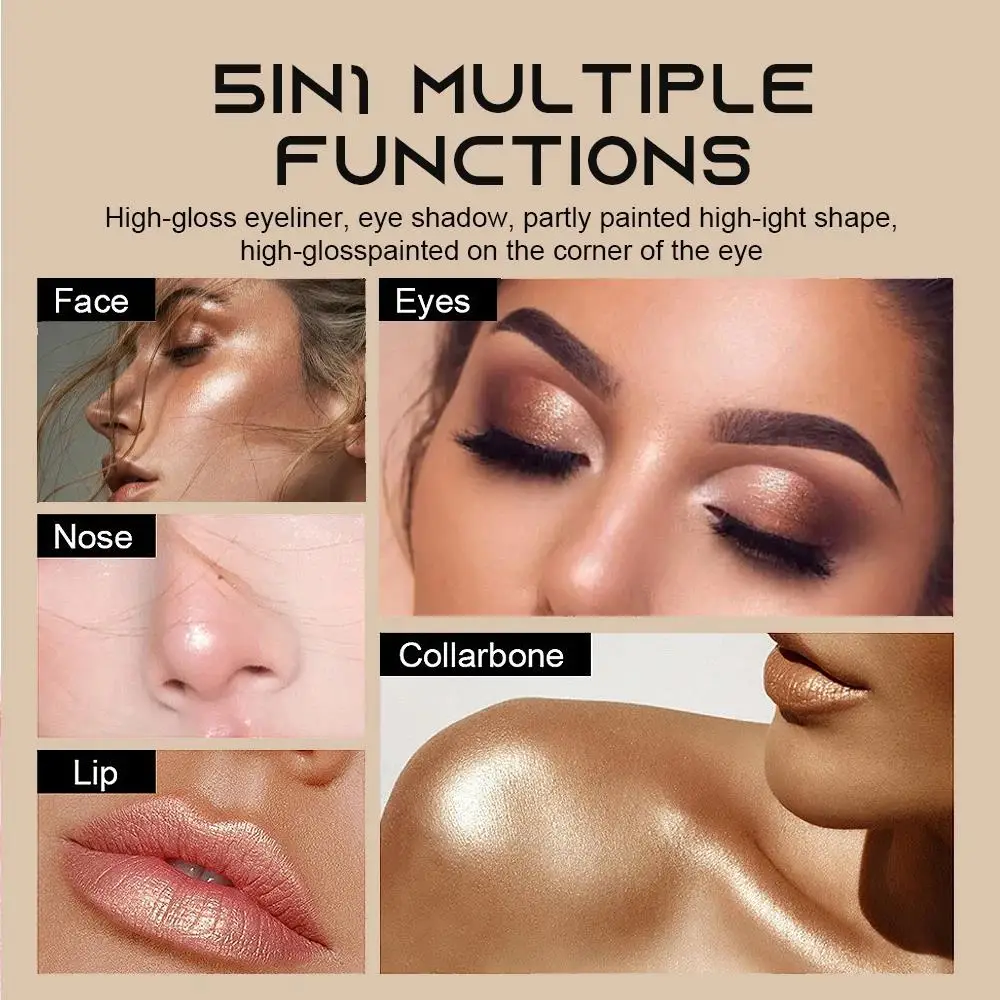 Sombra de olhos multiuso à prova de manchas, à prova d'água, iluminador sedoso, pérola, glitter, caneta brilhante de longa duração 5 em 1