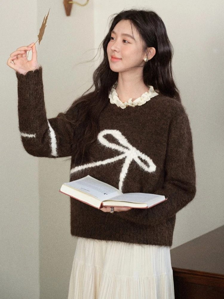 

ALXNAN Brown Wool Sweater Autumn Winter Women's Loose-fit Bow Pattern Pullovers Casual O-neck Long Sleeve Tops Female L57306-1