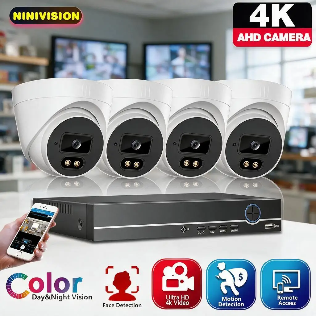 4CH 4K AHD Dome Camera Security System Kit DVR Indoor Home Color Night Vision Ceiling Camera Video Surveillance System Kit