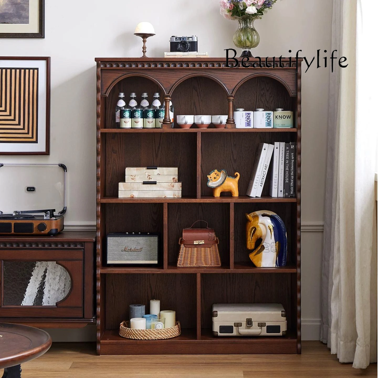 French retro solid wood bookcase living room TV cabinet combination storage locker bedroom designer