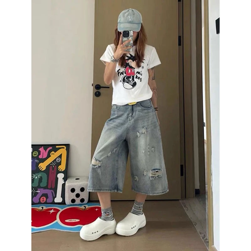 YIBASHU Women High-Waisted Loose Wide-Leg Denim Shorts Blue Y2K Harajuku Style American Retro Seven-Foot Ripped Jeans Shorts