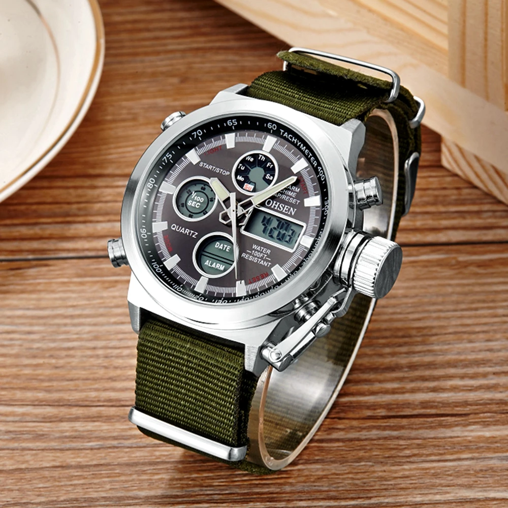 Fashion Sport Quartz Watch Men Dual Time Waterproof Military Wristwatch Green Tactical Digital Watches Alarm Clock reloj hombre