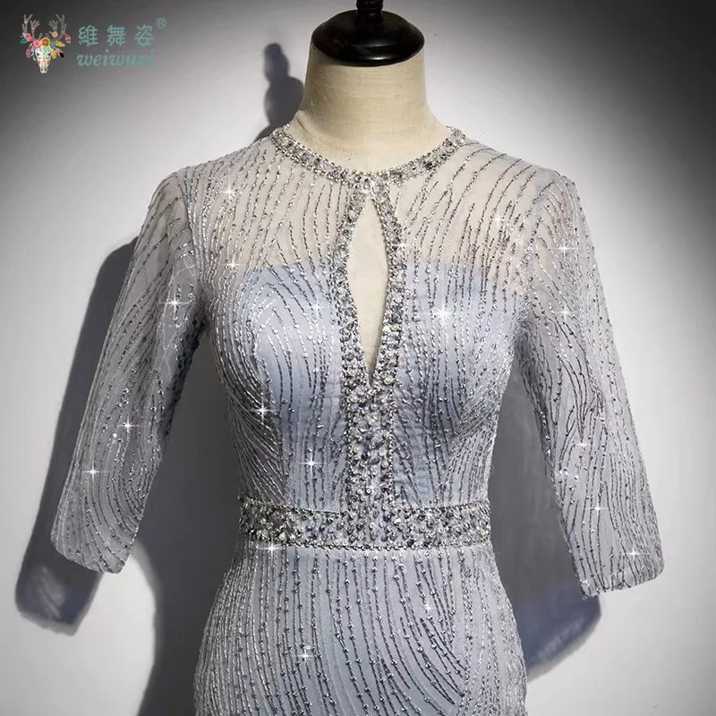 Prata cinza elegante lantejoulas até o chão sereia vestido de noite personalizado luxo frisado em torno do pescoço vestido de noite apertado