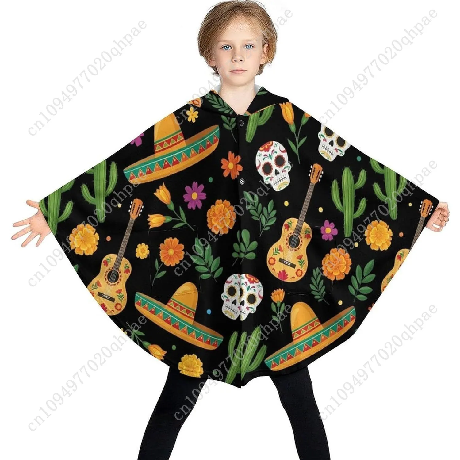 سترة بطانية مريحة من الفلانيل، سترة ذات قلنسوة كبيرة الحجم بنمط يوم الموتى مع جيوب للأطفال والمراهقين #3