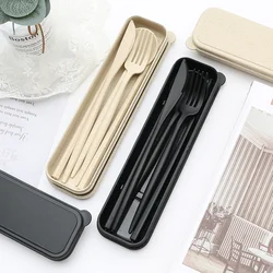 4PCS/Set Cutlery Tableware Spoon Fork Chopsticks Safe Wheat Straw Dinnerware With Box Travel Use Portable Kitchen Accessories