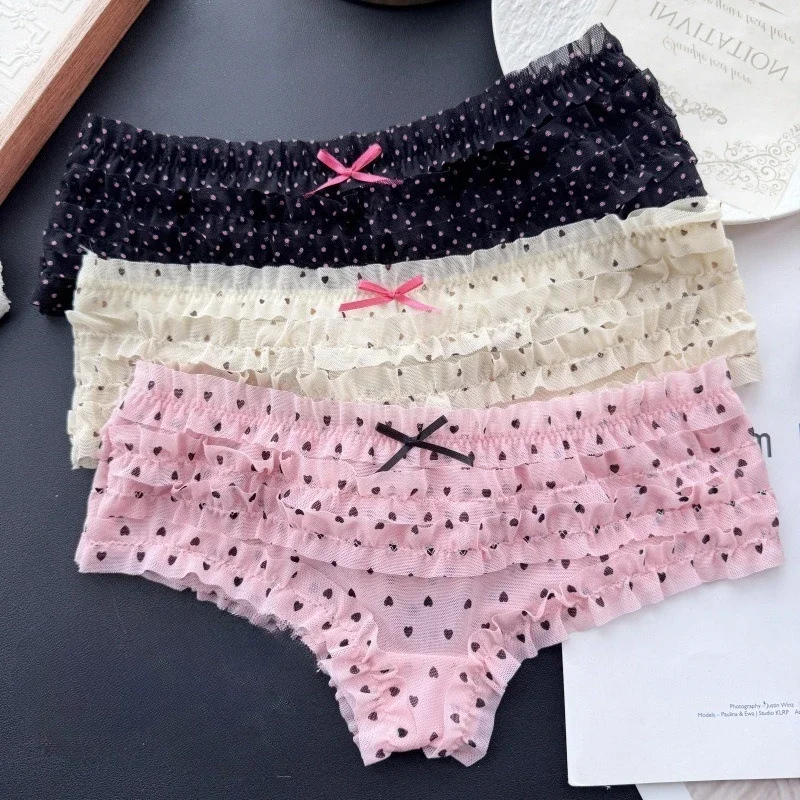 Princess Style Cute Women's Underpants Low Waist Cake Layer Mesh Panties Sweet Flower Print Cotton Crotch Soft Briefs Lingerie