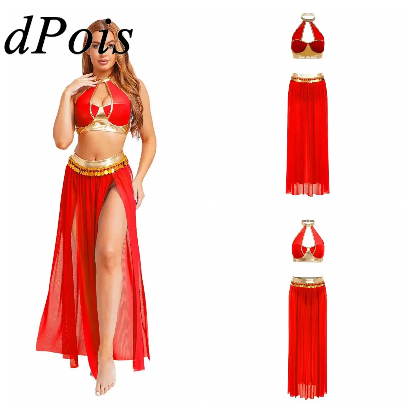 

Womens Belly Dance Outfits Halter Backless Crop Top and Split Mesh Skirt with Sequin Tassel skirts Oriental Belly Dancing Wear