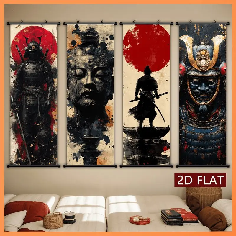 VIKAMA Noir Vermilion Ronin Buddha Wall Tapestry Scarlet Sun Armor Helmet Sumi Splash Scroll Art Home Decor Modern Style Soft