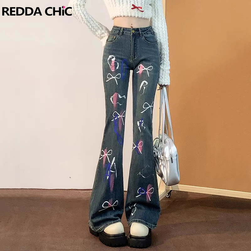 

ReddaChic красочные джинсовые брюки с граффити, женские брюки-клеш с карманами и высокой талией, узкие расклешенные джинсы в стиле ретро Y2k, уличная одежда