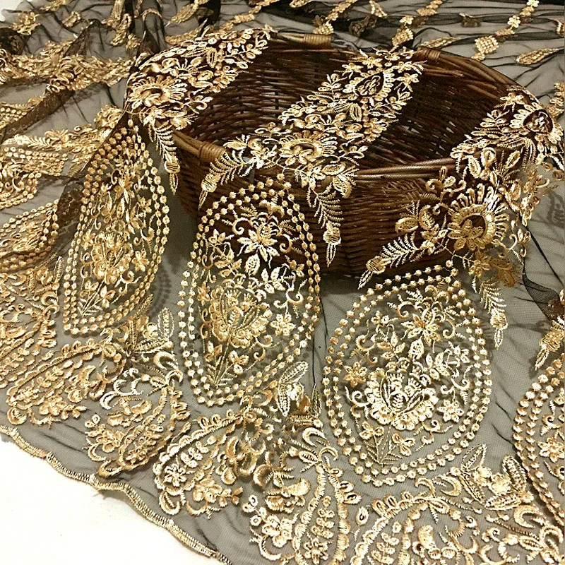 New mesh lace gold three-dimensional embroidery fabric / high-end custom apparel fabric / encryption embroidery skirt cloth