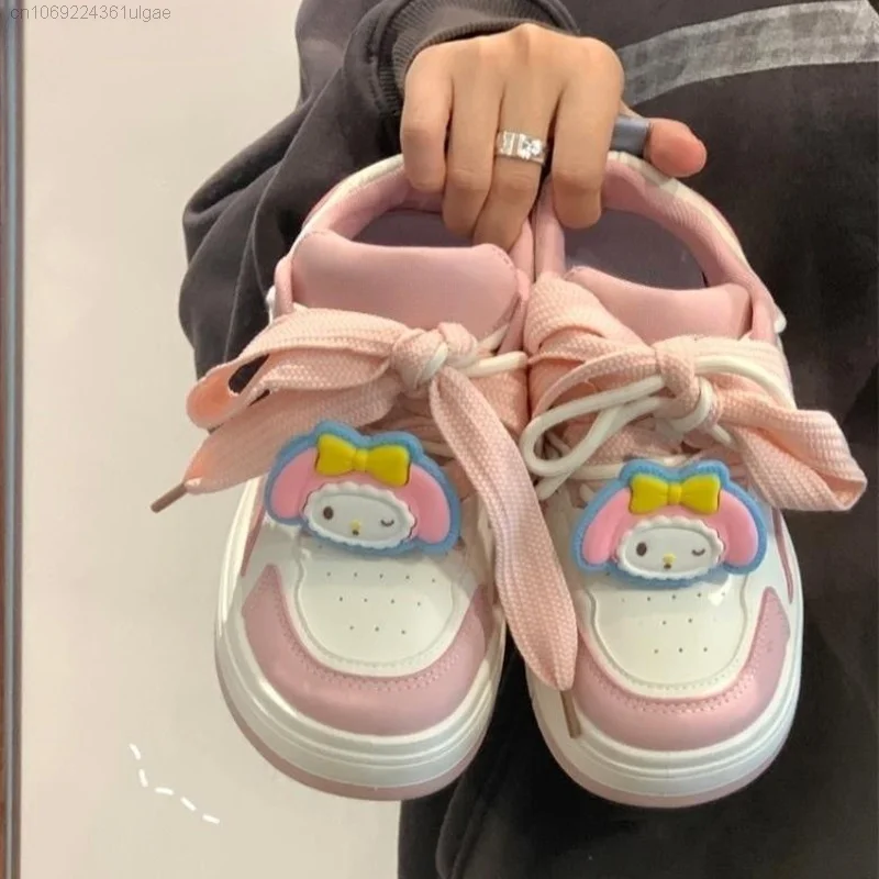 Sanrio Melody sapatos de plataforma de desenhos animados para mulheres, sapatos de tabuleiro kawaii, tênis feminino respirável, Y2k, doce, fofo, estudante, coreano, novo, verão