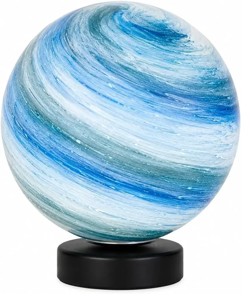 Blue Marbled Glass Globe Pier Mount Light, E27 Outdoor Fixture | Black Metal Base Creates Decorative Illumination for Gate Colum