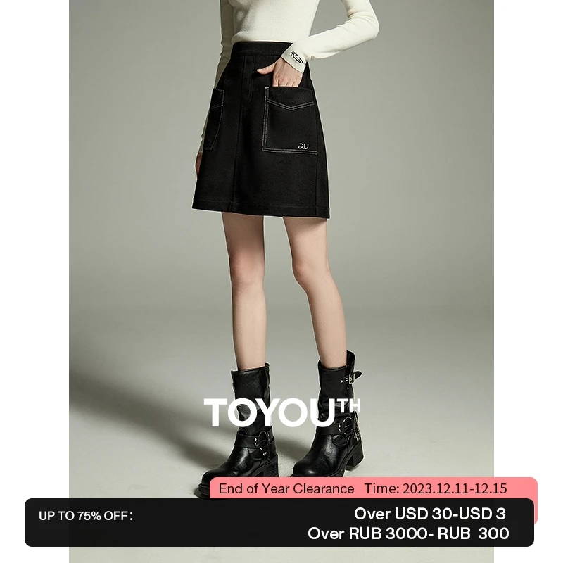 

Toyouth Women Skirt 2023 Winter High Waist A-shaped Line Decoration Large Pocket Fashion Casual Versatile Black Miniskirt