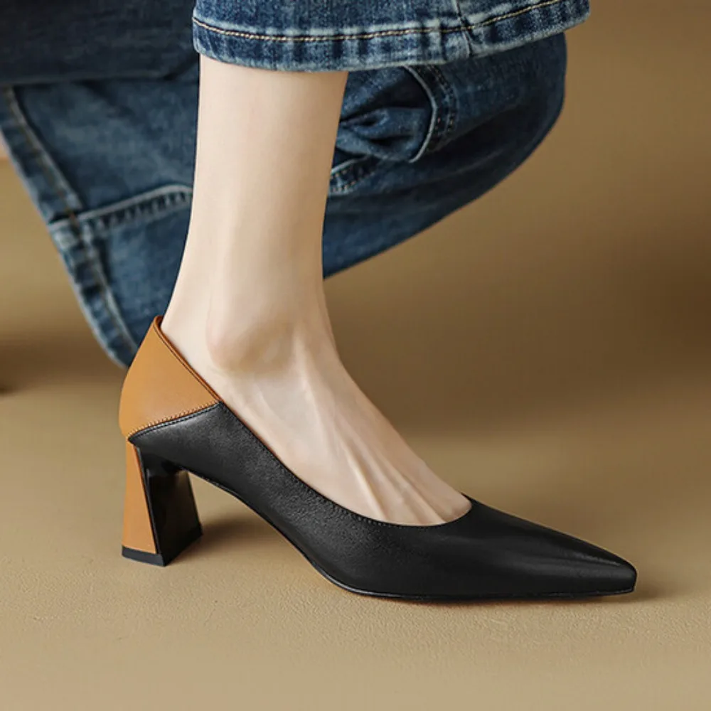 

2025 New Genuine Leather High Heels Women New Korean Style Pointed Shallow Mouth Thick Heel Fashion Shoes Sapatos De Mujer