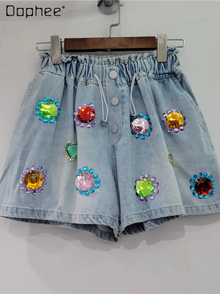 

Exquisite Rhinestone Drawstring High Waist Wide-Leg Denim Shorts Women Clothing 2024 Spring Summer New Hot Girls Booty Shorts