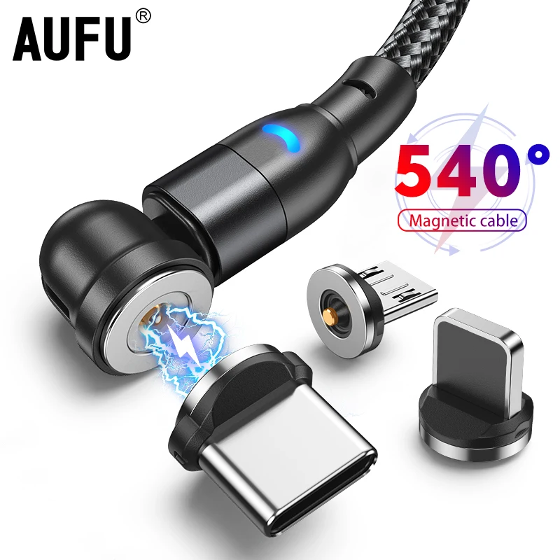 AUFU 540 회전 마그네틱 케이블 USB C 충전 케이블, 마그네틱 충전기, 마이크로 USB 타입 C 휴대폰 케이블, 아이폰 샤오미 화웨이용