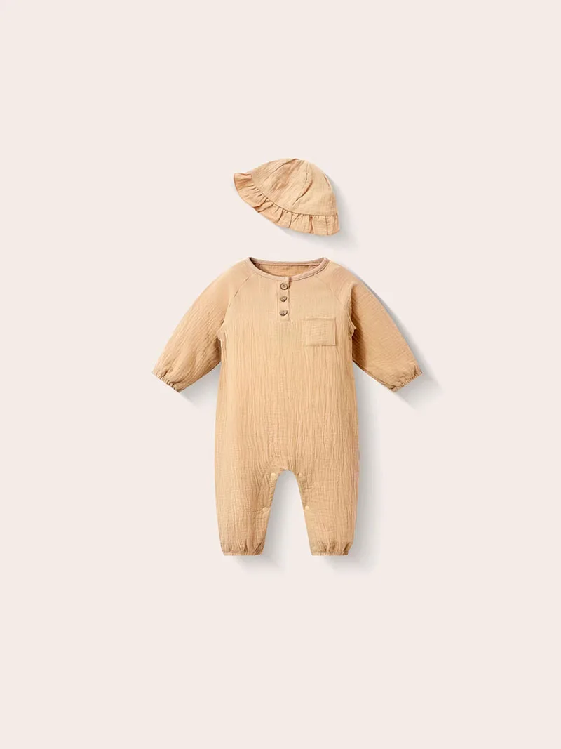 3M-3T Baby Rompers 2026 New Summer Cotton Ventilate Infant Clothes Cute Solid Color Toddler Girls Jumpsuit +Hat
