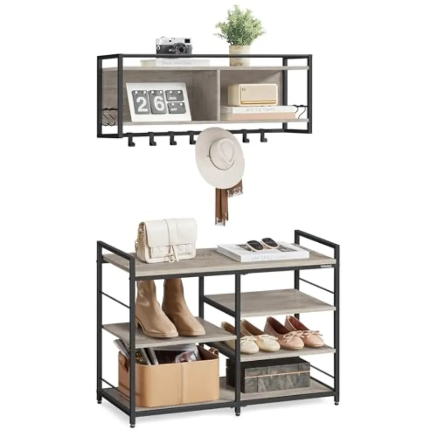 

Hall Tree with Shoe Coat Rack Shoe Entryway Furniture Multifunctional 12 Metal Hooks 4-Tier Shoe Rack for Entryway Bedroom ULSB