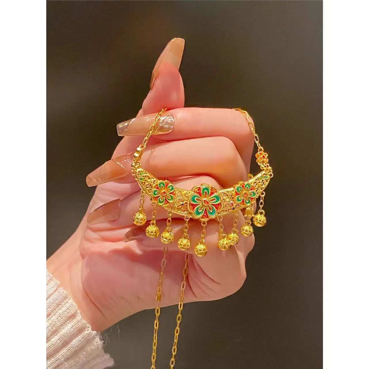 

Versatile Yellow Enamel Lock Bag Necklace New Chinese Peach Blossom Bell Tassel Pendant Versatile Exquisite Jewelry