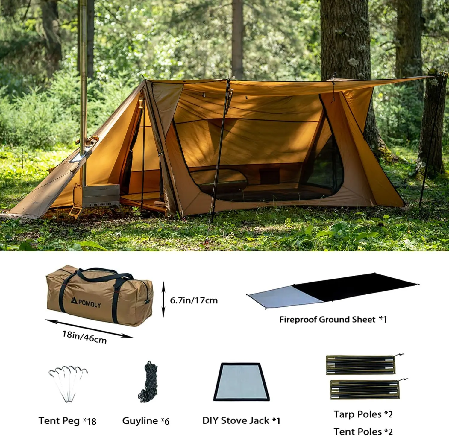 70 Hot Tent with Two Tarp Poles and Two Tent Poles | Latest Version 3.0