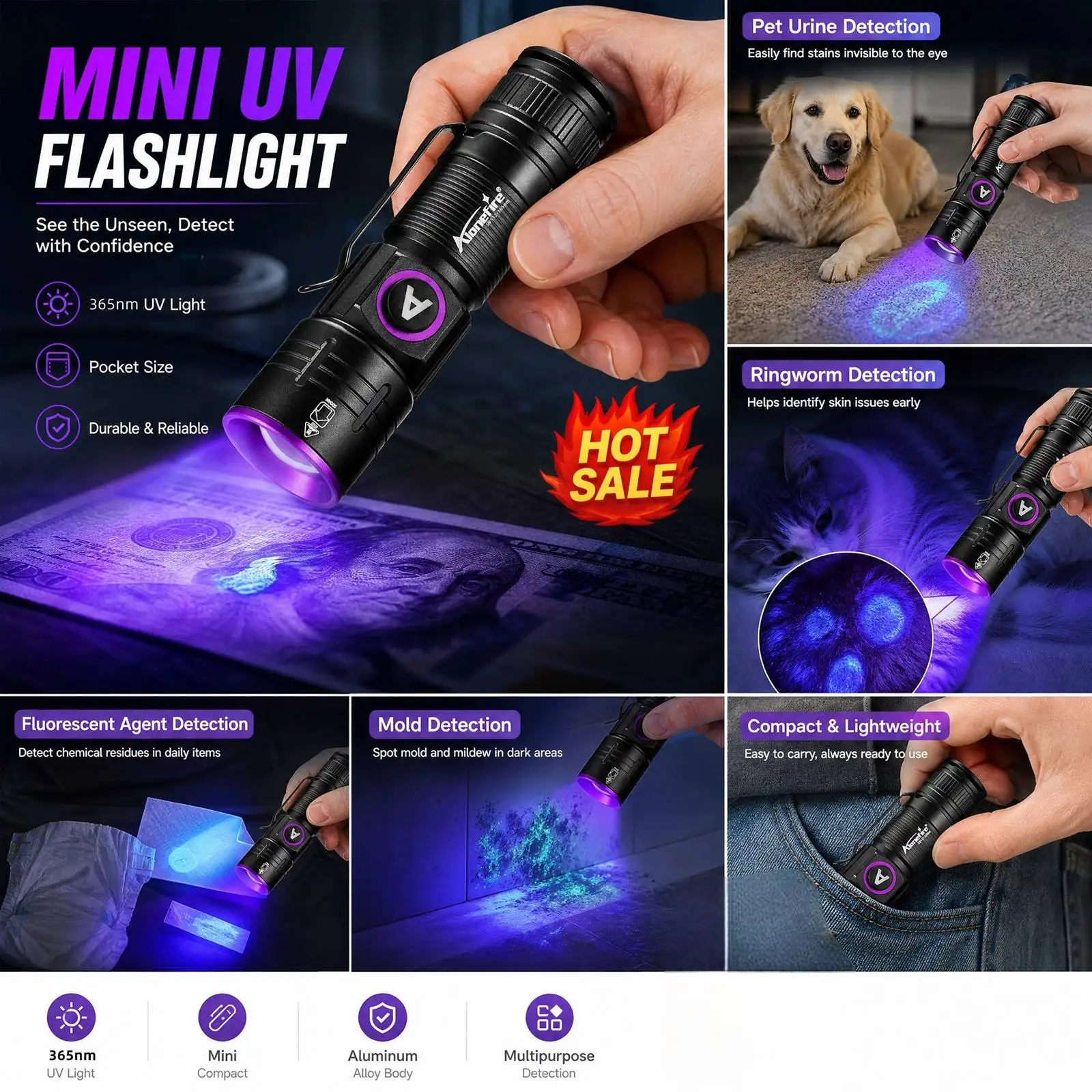 Zoom 365nm/395nm USB Wiederaufladbare Mini-UV-Taschenlampe zur Erkennung von Katzen- und Hundeurin, Tinea, Geld, Erz, Jade und Skorpionen – Detail 5