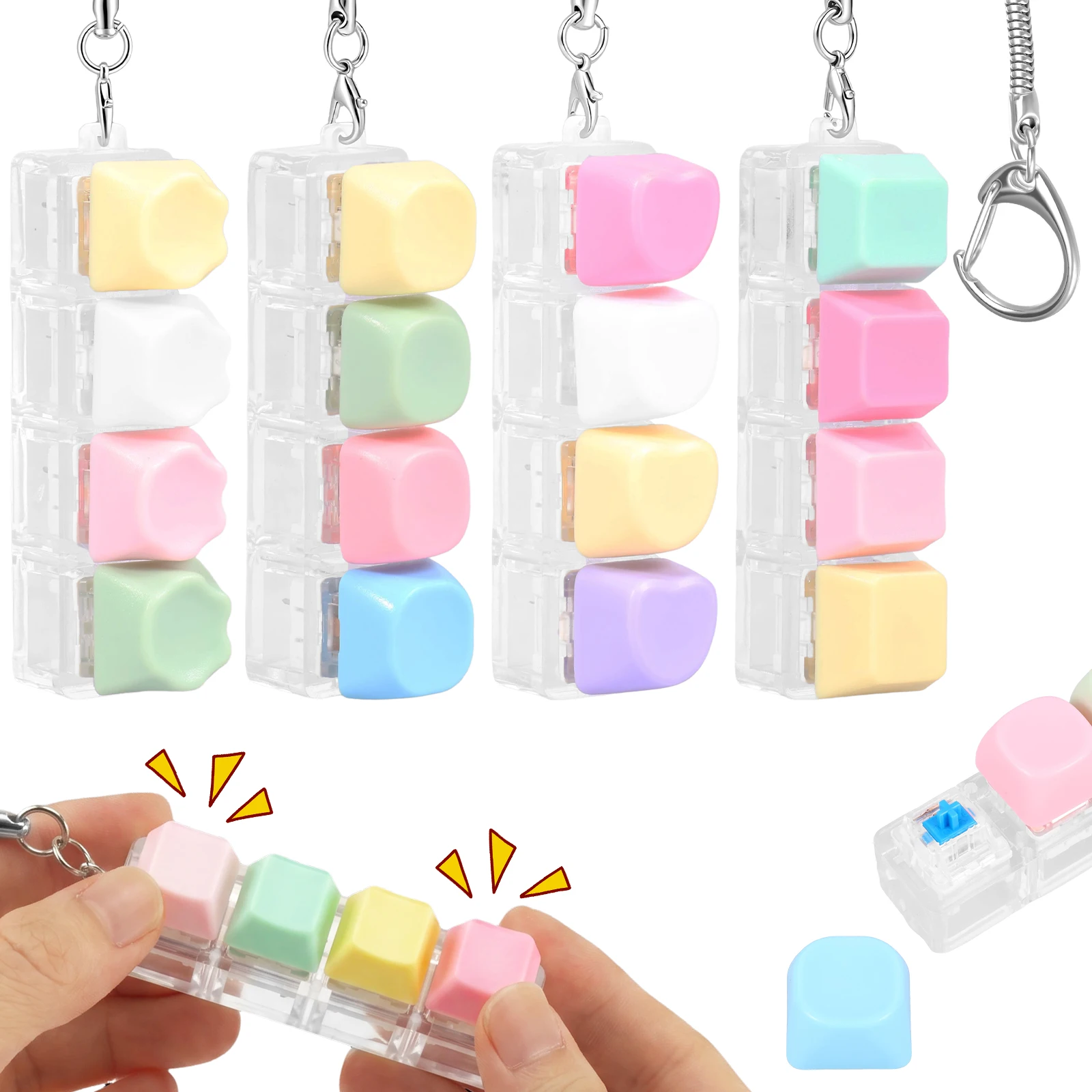 4 Pack Key Board Clickers 4 In 1 Key Board Keychains Portable Button Stress Relief Finger Clickers Focus Boost Gadget for Office