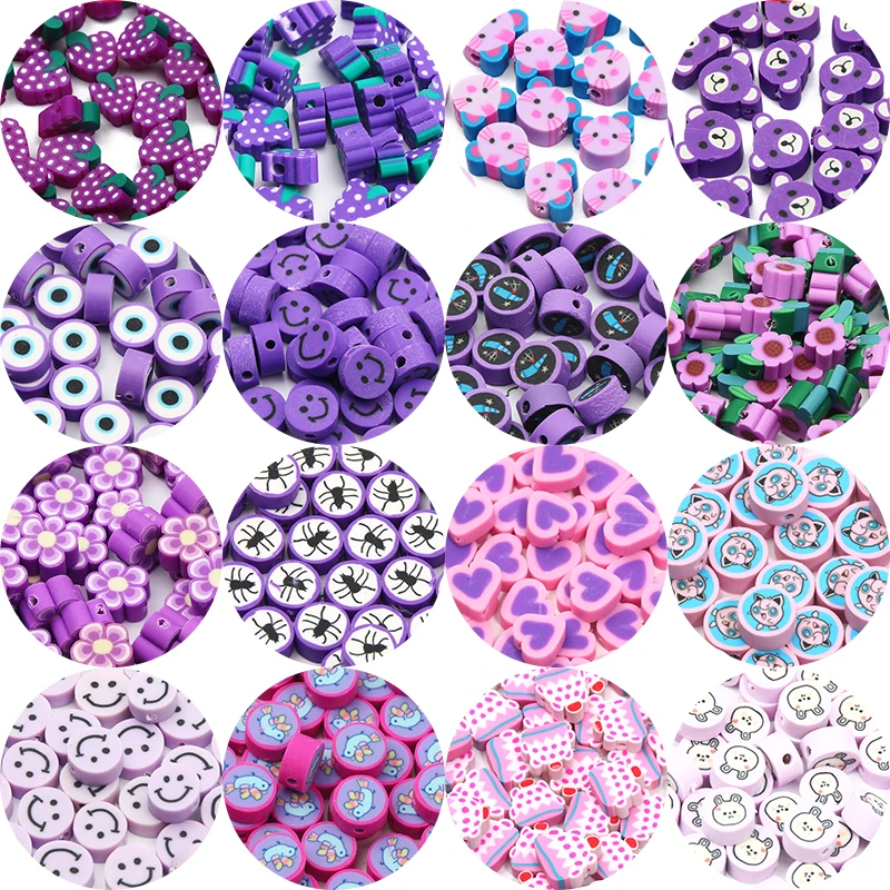 20/50/100pcs Purple Sunflower Animals Smile Beads Round Heart Shape Polymer Clay Beads For Jewelry Making Diy Bracelet Keychain